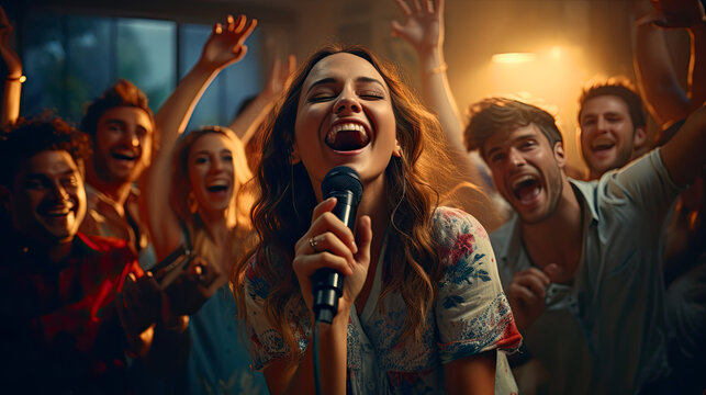 Singing, entertainment and friends dancing in living room with a microphone to music, karaoke at home