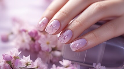 Obraz na płótnie Canvas Delicate spring manicure inspired by pink cherry petals.