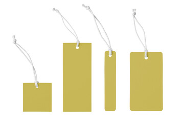 Various shape of blank yellow paper label or cloth tag set isolated on white, transparent background, PNG. Price tag mockup template with copy space for brand, information. Shopping, black friday sale