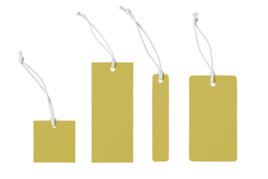 Various shape of blank yellow paper label or cloth tag set isolated on white, transparent background, PNG. Price tag mockup template with copy space for brand, information. Shopping, black friday sale