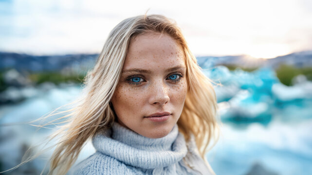 Blonde Iceland girl with beautiful blue eyes looking at an icelandic landscape in the summer