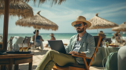 A man sitting in a chair on a beach using a laptop. Bleisure or workation, person working remotely. - Powered by Adobe