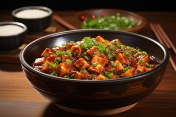 Fototapeta premium A bowl of food with chopsticks on a table. Fictional image. Sichuan Mapo tofu dish.
