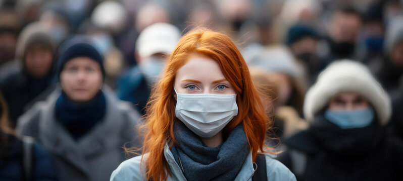 Women With A Face Mask, Protection Versus Viruses And Infection, Against Air Smog Pollution With PM 2.5, In Public Spaces Bus Stations, Airports, Or Crowds Of People