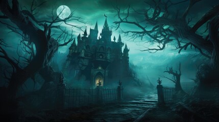 halloween castle under the moonlight. dark night forest full moon. graveyard silhouette halloween abstract background.