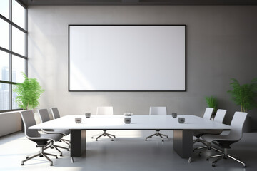 Mockup on the background of a wall in a company or corporate conference room. Marketing, finance, remote work and telework. Great concept for office design, advertising and promotion.