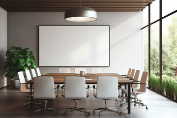 Mockup on the background of a wall in a company or corporate conference room. Marketing, finance, remote work and telework. Great concept for office design, advertising and promotion.