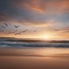A serene beach at sunset with seagulls soaring in the warm hues of the sky1