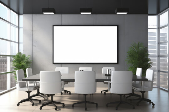 Mockup on the background of a wall in a company or corporate conference room. Marketing, finance, remote work and telework. Great concept for office design, advertising and promotion.
