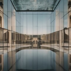 A symmetrical reflection of a modern art museum in a glassy pond2