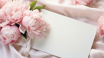 greeting card layout with pink peonies and silk ribbons