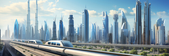 Dubai's Metro Railway Amid Glass Skyscrapers with Street Traffic and Museum of the Future