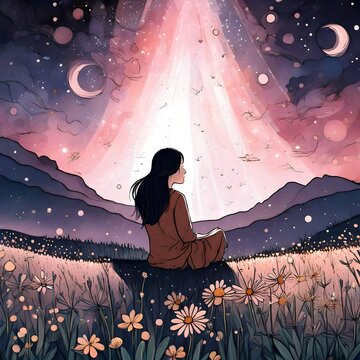 alone women looking at heaven. Lonely women standing in fantasy landscape with shining cloudy sky. Meditation and spiritual life