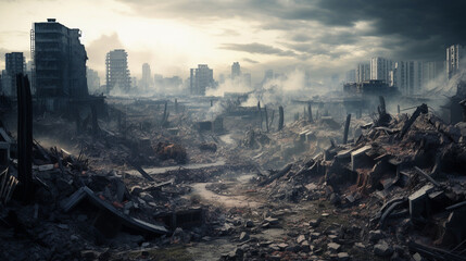  destroyed buildings after earthquake and fire, consequences of natural disaster - obrazy, fototapety, plakaty