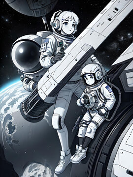 An astronaut girl open helmet exploring a distant planet with a robotic cartoon generative AI