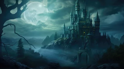 Fototapeten halloween castle under the moonlight. dark night forest full moon. graveyard silhouette halloween abstract background. © StraSyP