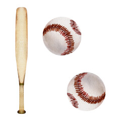 Hand drawn watercolor sports gear equipment, american baseball bat hardwood club and stitched balls. Illustration isolated single object white background. Design poster, print, website, card, shop