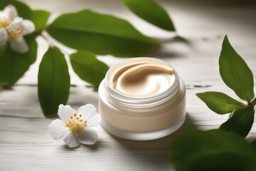 Jar of body cream with green leaves on wooden table, closeup