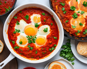 Shakshouka Middle eastern traditional food served on table. Top view