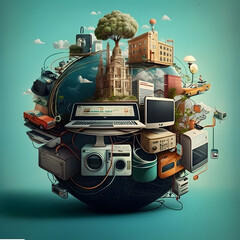 Naklejka premium the planet is made of various interconnected things and technology, the market of things, the Internet of Things