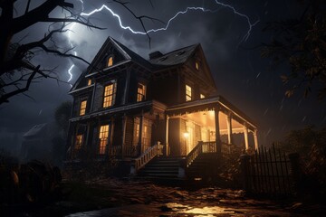Fototapeta premium Haunted House Lightning beams. Blue moon