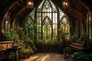 Fototapeta na wymiar Fairy tale or magic medieval Greenhouse with cinematic lighting. Big windows. Like in Hogwarts