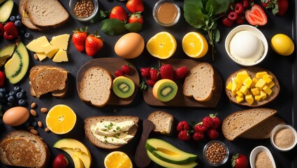suit of healthy breakfast meal in dark tray, generated by ai
