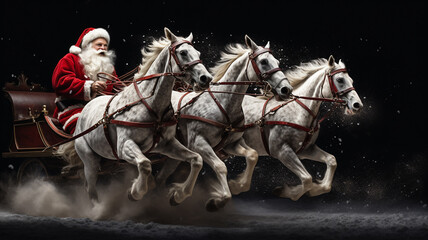 Christmas illustration with Santa Claus in a sleigh pulled by three white horses, they race through the snow at night
