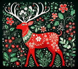 one colorful Christmas deer in ornament and flowers on a black background