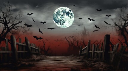 Halloween bats under the moonlight. dark night forest full moon. graveyard silhouette halloween Abstract Background.