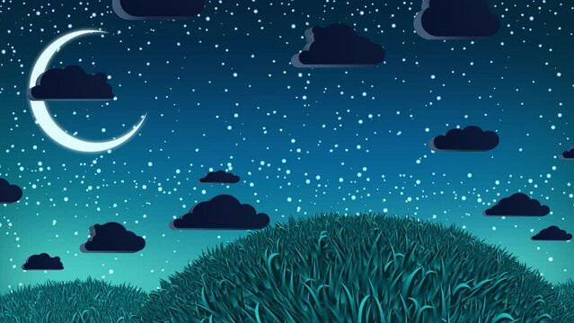 Landscape with moon empty for spotty earth cow character pasture. Seamless cute grass mountain with sky sun and clouds. Cute useful animation.