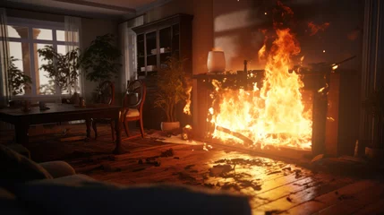 Rolgordijnen Emergency Unfolds: Fire Engulfs Living Room, Posing Dire Interior Troubles and Problems. © Ai Studio