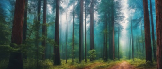Foggy forest with lots of tall trees, thick greenery and a path in the early morning, digital art