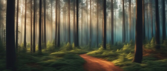 A forest with lots of tall trees, thick greenery and a path in the early morning, digital art