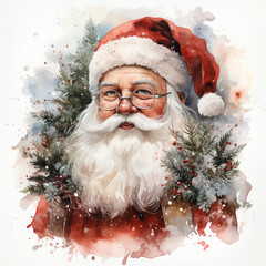 Santa Claus on a background of Christmas decor, Christmas illustration on white background in watercolor style