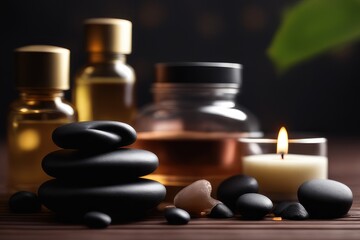 Spa still life with aroma oil and candles on wooden background, closeup