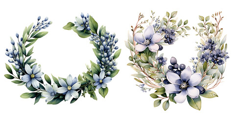 Beautiful wedding wreath with Aquilegias vulgaris wildflowers watercolor elements set