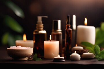 Fototapeta na wymiar Spa still life with aroma oil and candles on wooden background, closeup