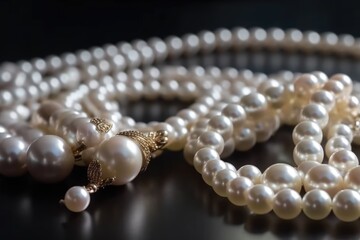 Nature sparkling white pearl beads on dark background