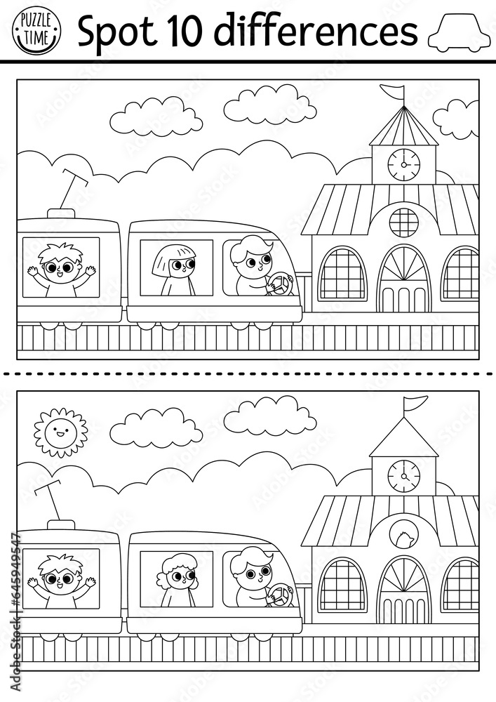 Wall mural find differences game for children. transportation black and white activity with train, passengers,  - Wall murals