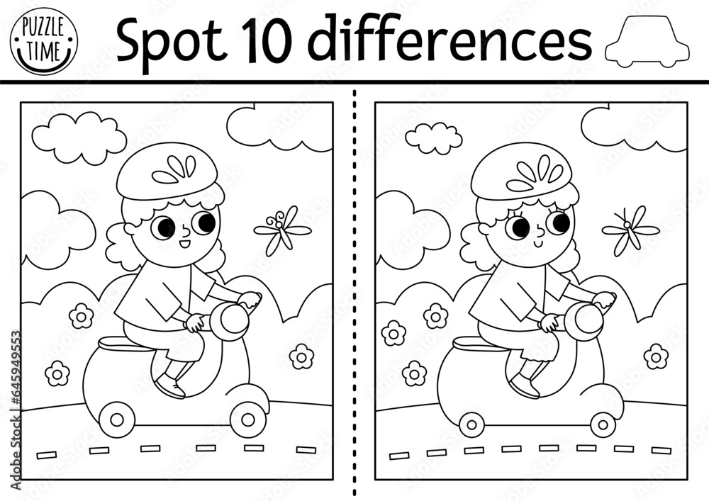 Wall mural find differences game for children. transportation educational black and white activity with cute gi