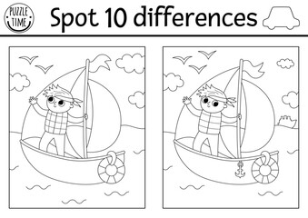 Find differences game for children. Transportation black and white activity with sailboat, boy captain sailing in the sea. Cute coloring page for kids with water transport. Printable worksheet.