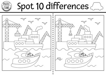 Find differences game for children. Transportation black and white activity with speedboat, port, girl captain sailing in the sea. Printable worksheet or coloring page for kids with water transport.