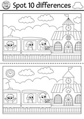 Fototapeta premium Find differences game for children. Transportation black and white activity with train, passengers, driver, railway station. Coloring page for kids with funny transport. Printable worksheet.