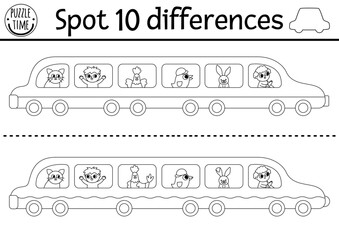Obraz premium Find differences game for children. Transportation black and white activity with cute limousine, passengers, driver. Coloring page for kids with transport. Printable worksheet with limo.