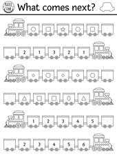 Naklejka premium What comes next. Transportation matching black and white activity for kids with train, wagon. Shape, number, size transport logical worksheet or coloring page. Continue row game with engine.