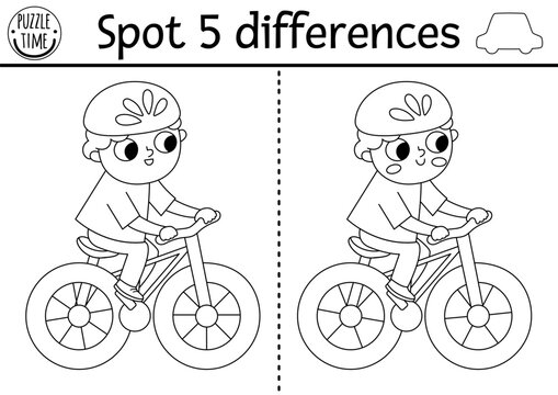 Find Differences Game For Children. Transportation Line Educational Black And White Activity With Boy Riding Bike. Cute Puzzle For Kids With Transport. Printable Worksheet, Coloring Page .