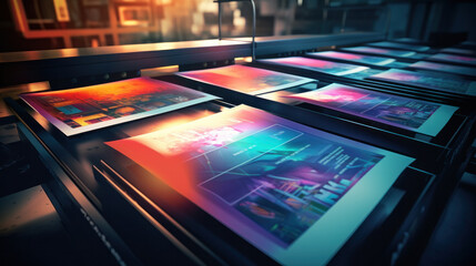 Printshop interior with stack of different broshures and booklets on typography table