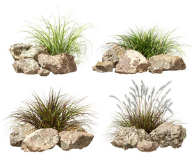 Isolated composition rock and grass meadow layout collection set on transparent backgrounds 3d illustrations png © Krit