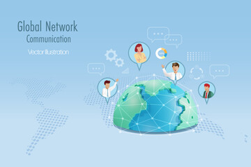 Global business communication network. Business team online meeting with worldwide network connecting technology. Tele communication and business real time wireless technology. Vector.